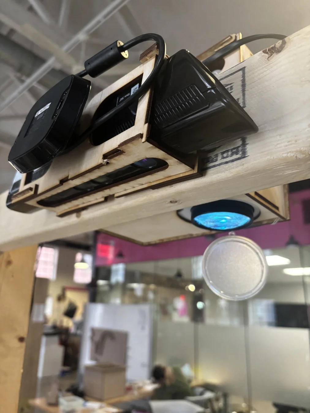 AR sandbox hardware setup with Kinect and projector mounted overhead