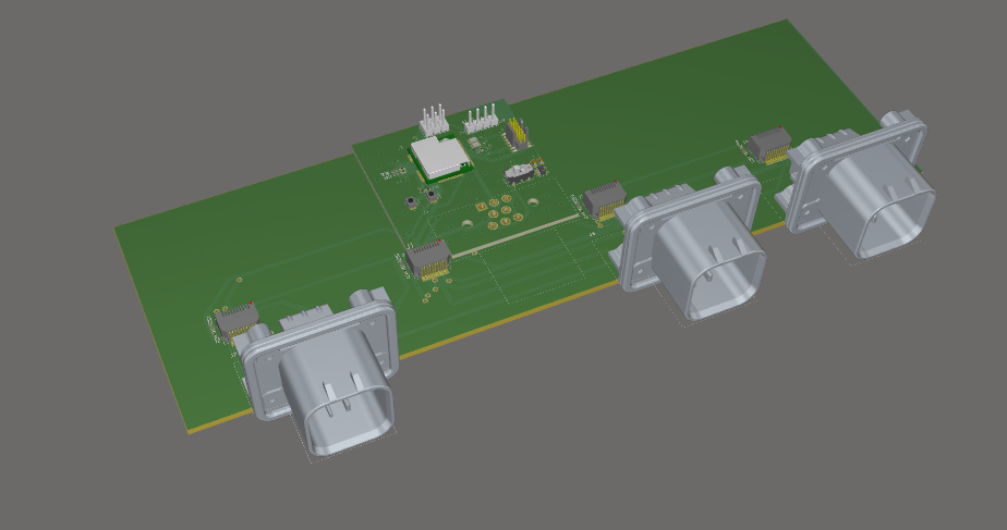 Carrier board with LoRa board attached, 3D render, alternate angle