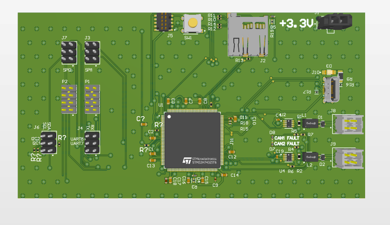 Prototype NSB board, dev-kit style, top-down PCB layout